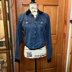 Central Falls Denim Jacket. Denim with black velvety collar and cuffs. Size M.